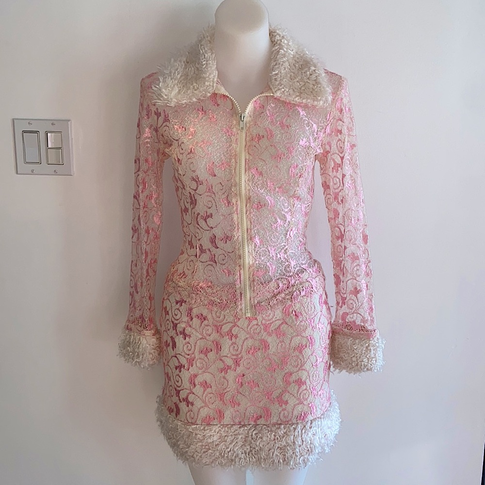 90s Vintage Pink & White Lace With Fur Set - Picture 1 of 12